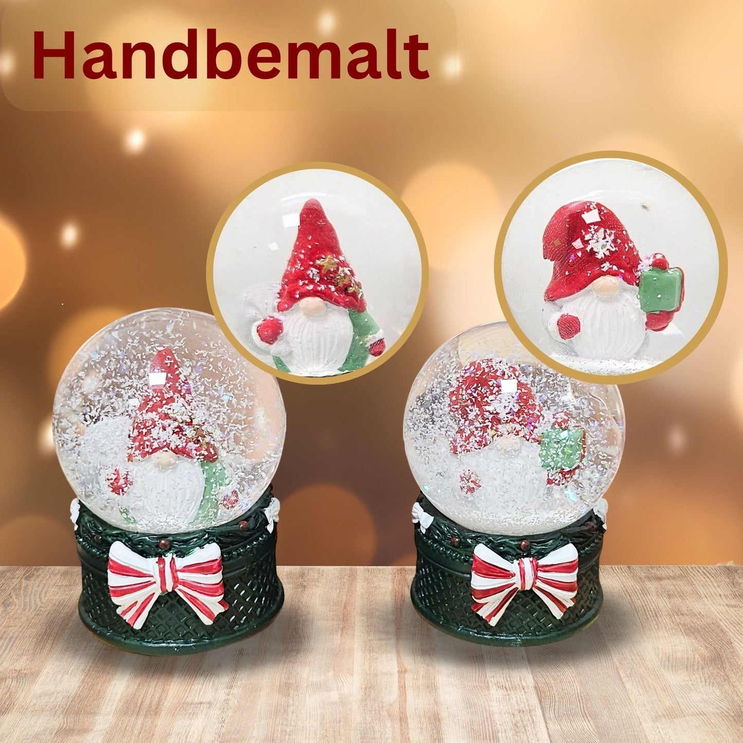 2 süße Mini-Schneekugeln Weihnachtswichtel auf grün B: 45mm - Schneekugelhaus