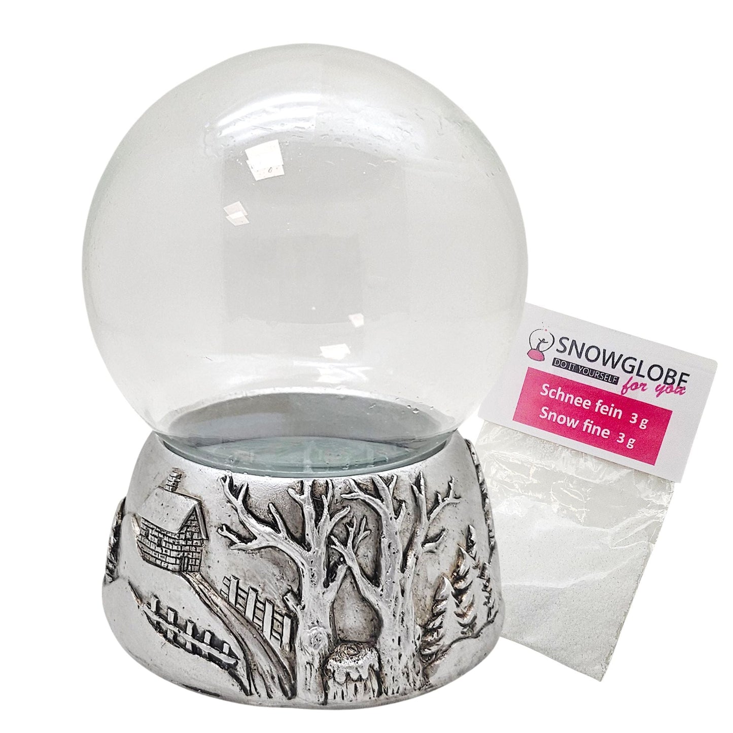 100mm Bastelset Sockel Silber antik Landschaft mit DIY-Schneekugel für Spieluhr - 1x Schnee - Schneekugelhaus