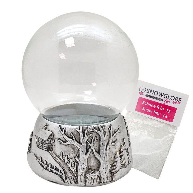 100mm Bastelset Sockel Silber antik Landschaft mit DIY-Schneekugel für Spieluhr - 1x Schnee - Schneekugelhaus