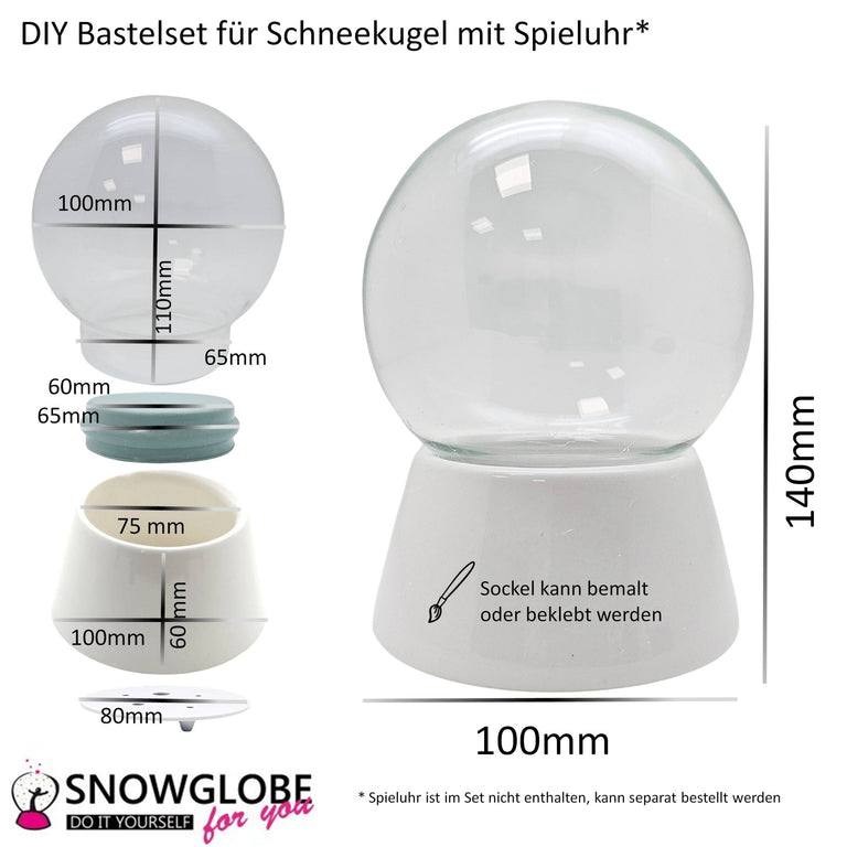 100mm DIY Schneekugel Bastelset weiß - Set aus Bastelglas und Sockel weiß - Schneekugelhaus