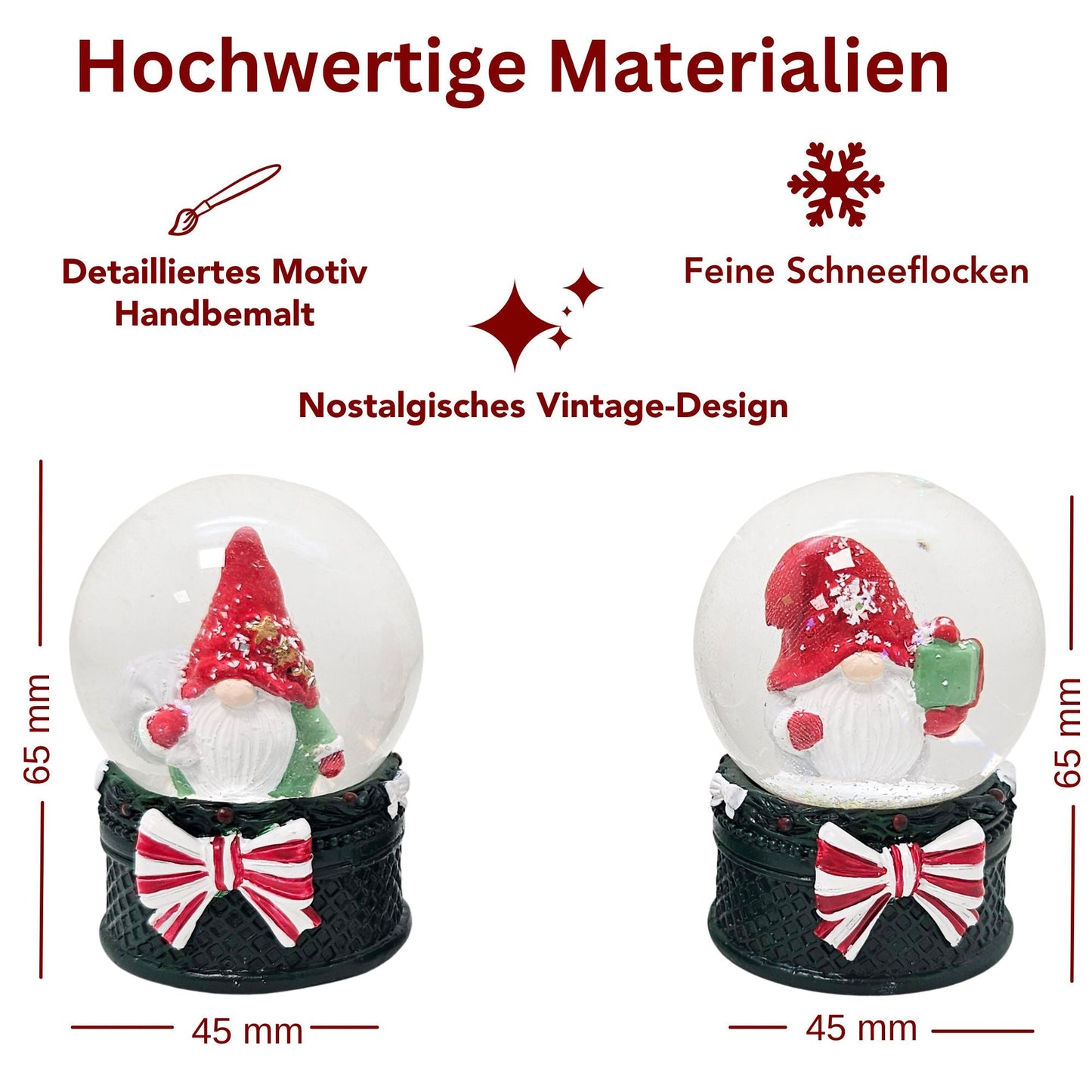 2 süße Mini-Schneekugeln Weihnachtswichtel auf grün B: 45mm - Schneekugelhaus