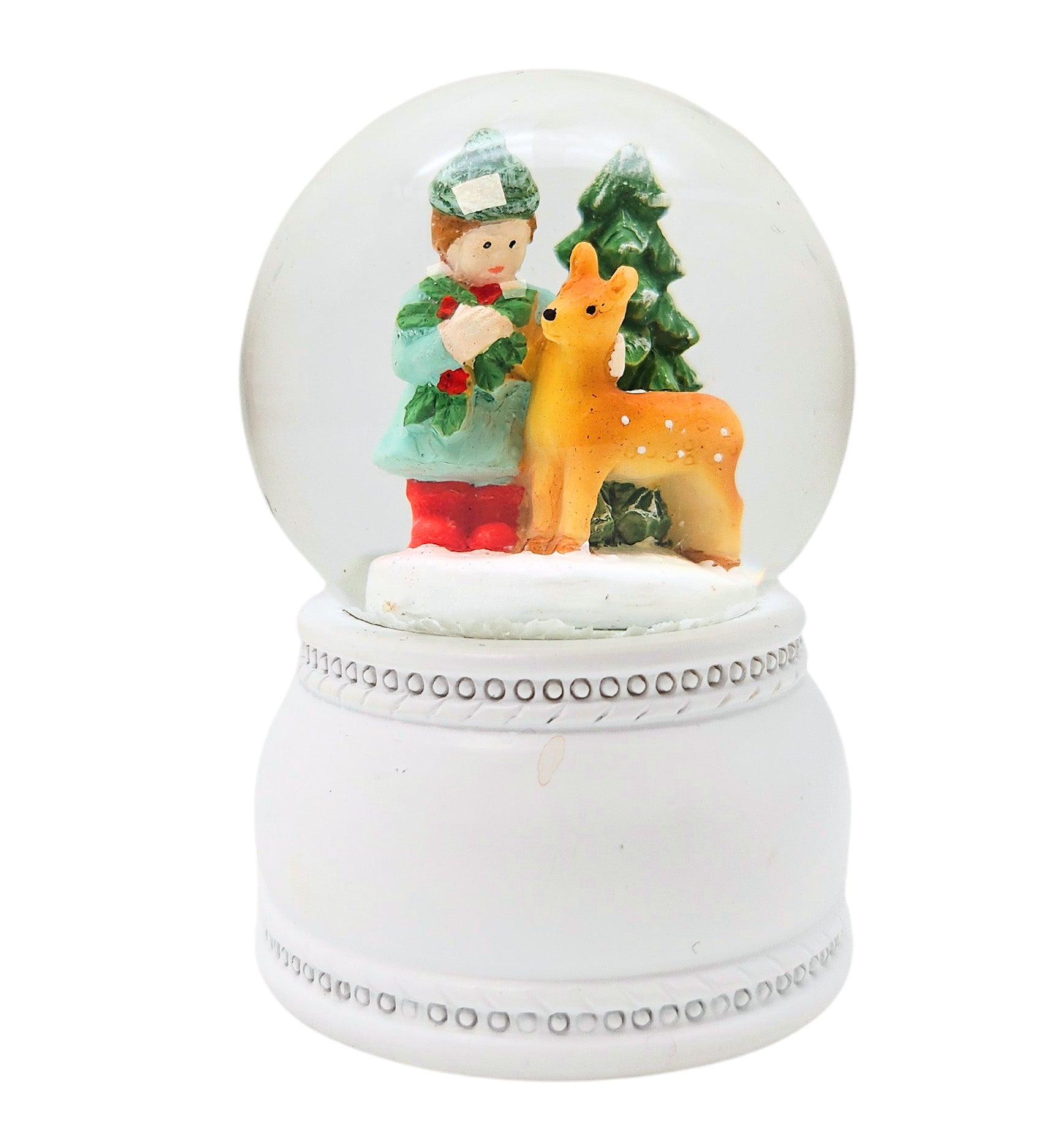 4 süße Mini - Schneekugeln Winter & Weihnacht, Rehkitz mit Sockel weiß Nostalgie B: 45mm - Schneekugelhaus