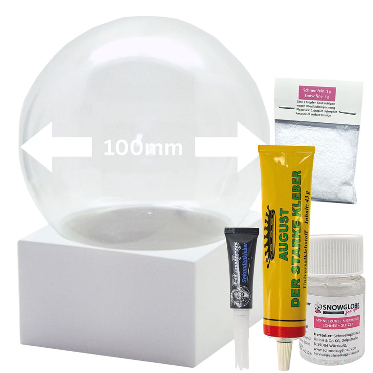 DIY-Komplett-Bastelset für Glas-Schneekugel 100x120mm weiß mit Schnee, Glitzer, Wasserklar & Kleber