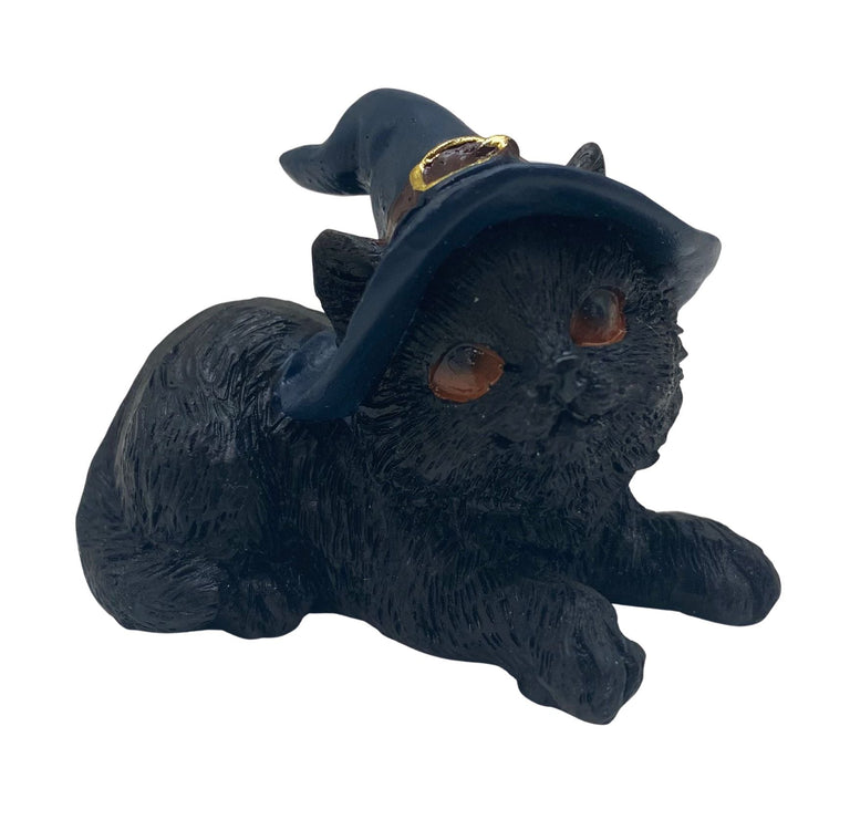Hexen-Katzen Figur "liegt mit blauen Hut" - 60 x 50 mm - Schneekugelhaus