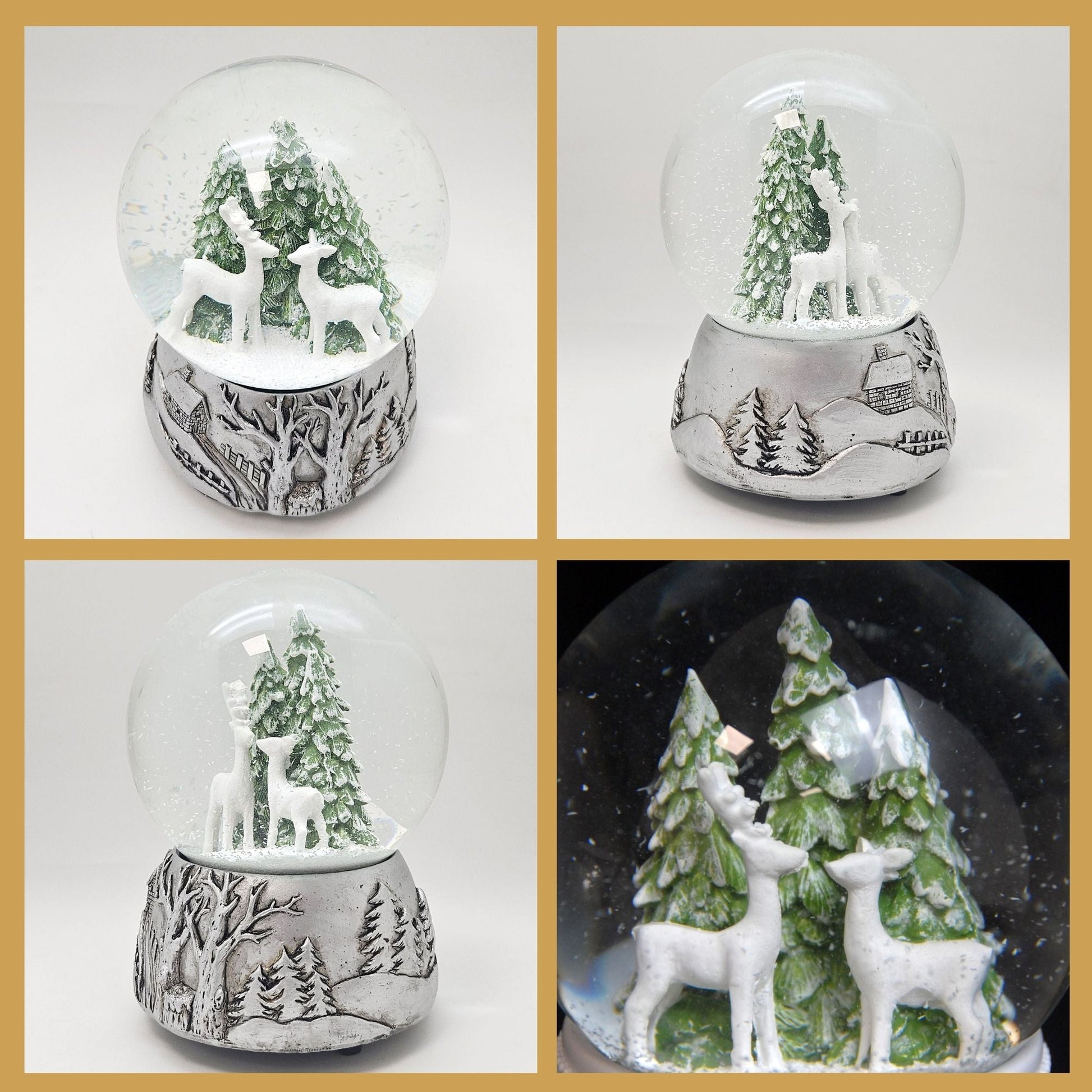 Nostalgische Schneekugel 2 Rehe auf Silber Landschaft 100 mm Durchmesser mit Spieluhr - Schneekugelhaus