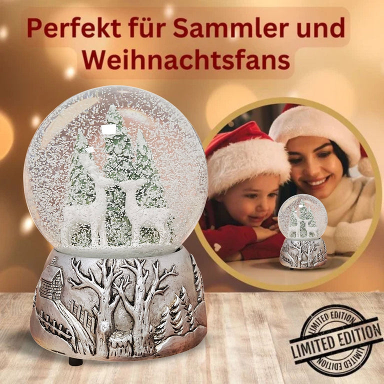 Nostalgische Schneekugel 2 Rehe auf Silber Landschaft 100 mm Durchmesser mit Spieluhr - Schneekugelhaus