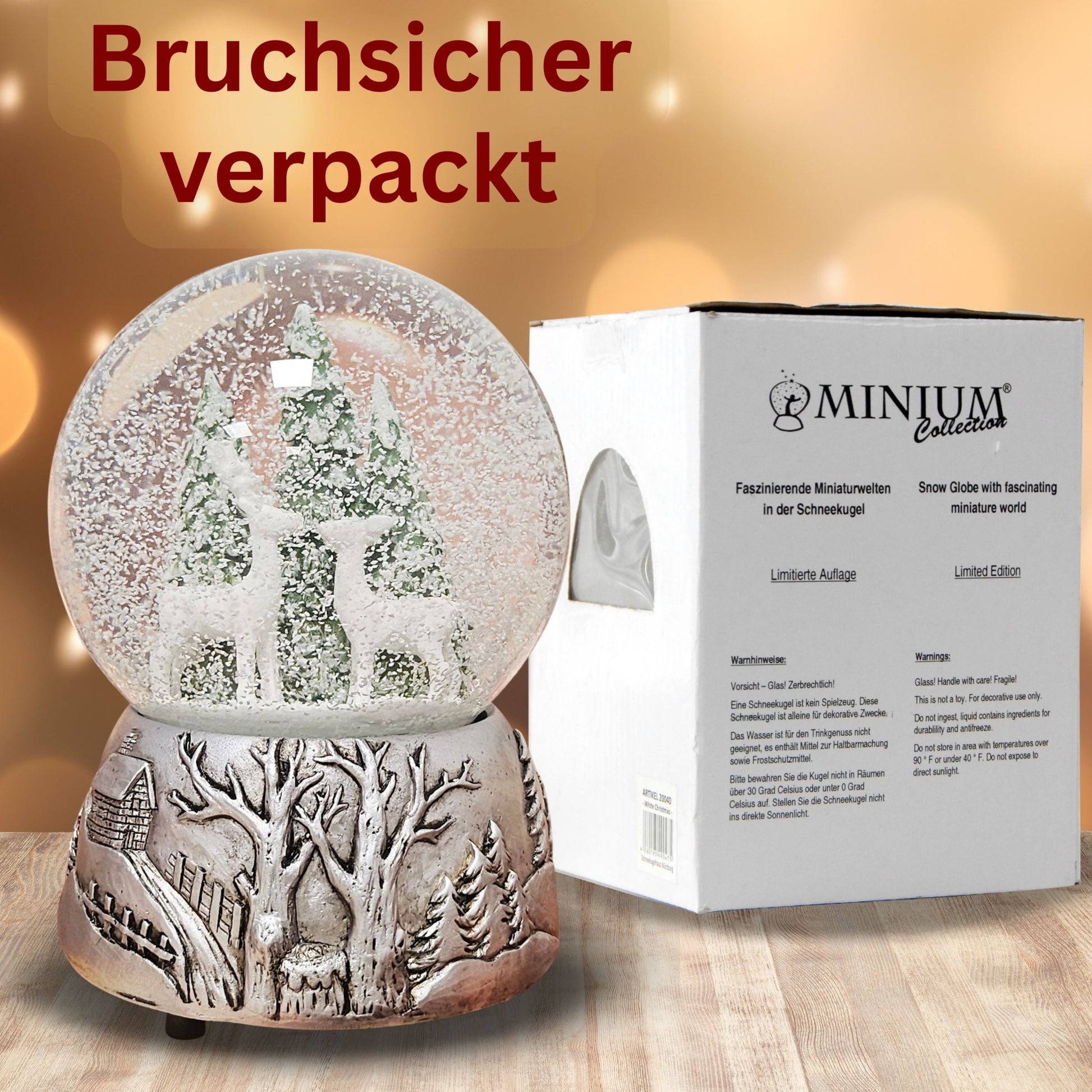 Nostalgische Schneekugel 2 Rehe auf Silber Landschaft 100 mm Durchmesser mit Spieluhr - Schneekugelhaus
