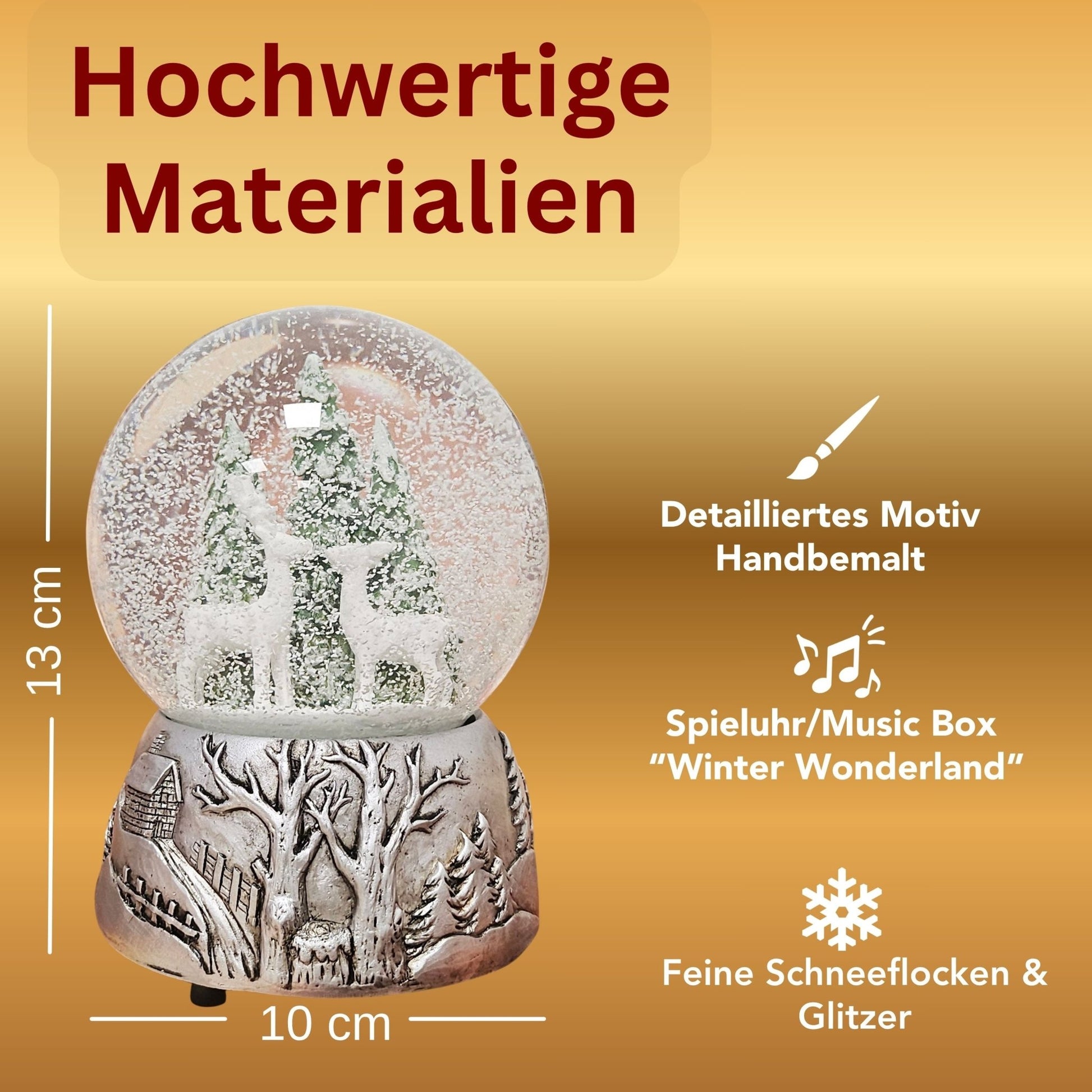 Nostalgische Schneekugel 2 Rehe auf Silber Landschaft 100 mm Durchmesser mit Spieluhr - Schneekugelhaus
