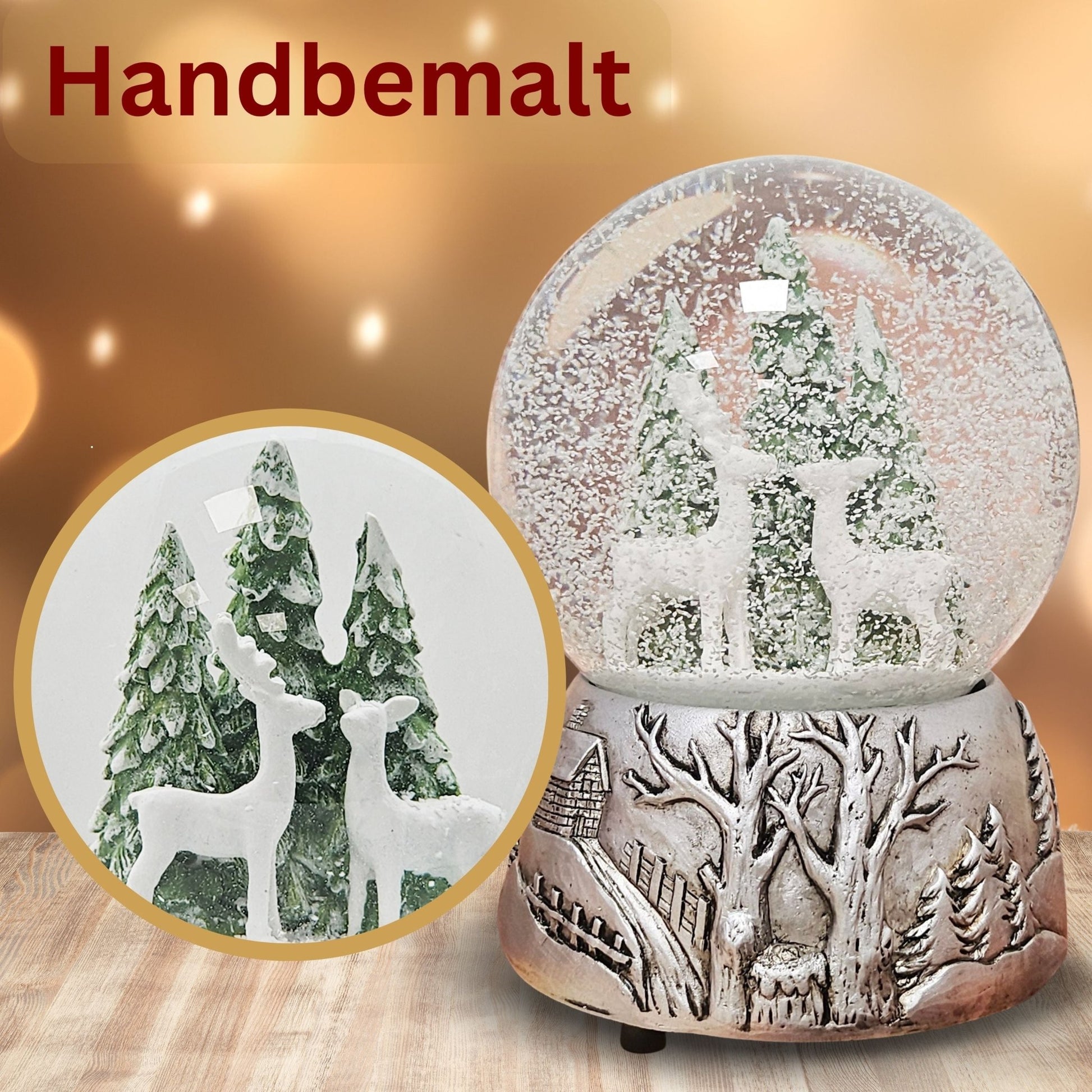 Nostalgische Schneekugel 2 Rehe auf Silber Landschaft 100 mm Durchmesser mit Spieluhr - Schneekugelhaus