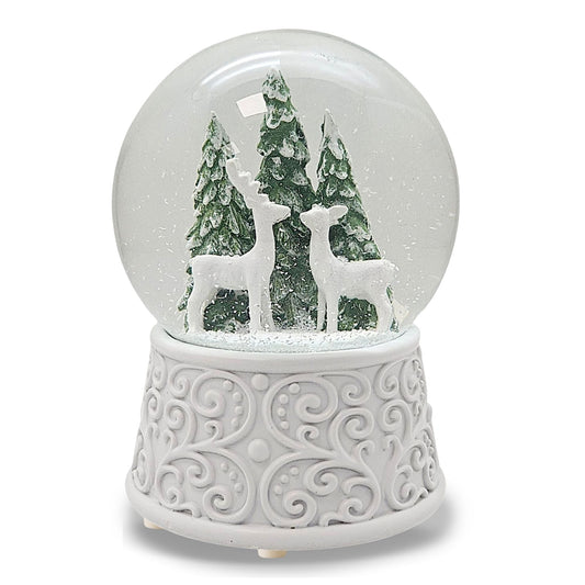 Nostalgische Schneekugel 2 Rehe Hüttenzauber 100 mm Durchmesser mit Spieluhr - Schneekugelhaus