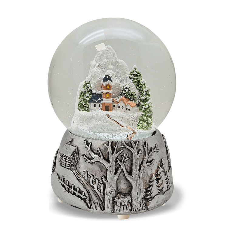 Nostalgische Schneekugel Bergdorf Silber Landschaft 100 mm Durchmesser mit Spieluhr - Schneekugelhaus