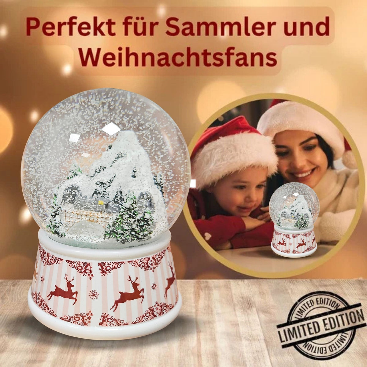 Nostalgische Schneekugel Berglandschaft Brücke Hüttenzauber 100 mm Durchmesser mit Spieluhr - Schneekugelhaus