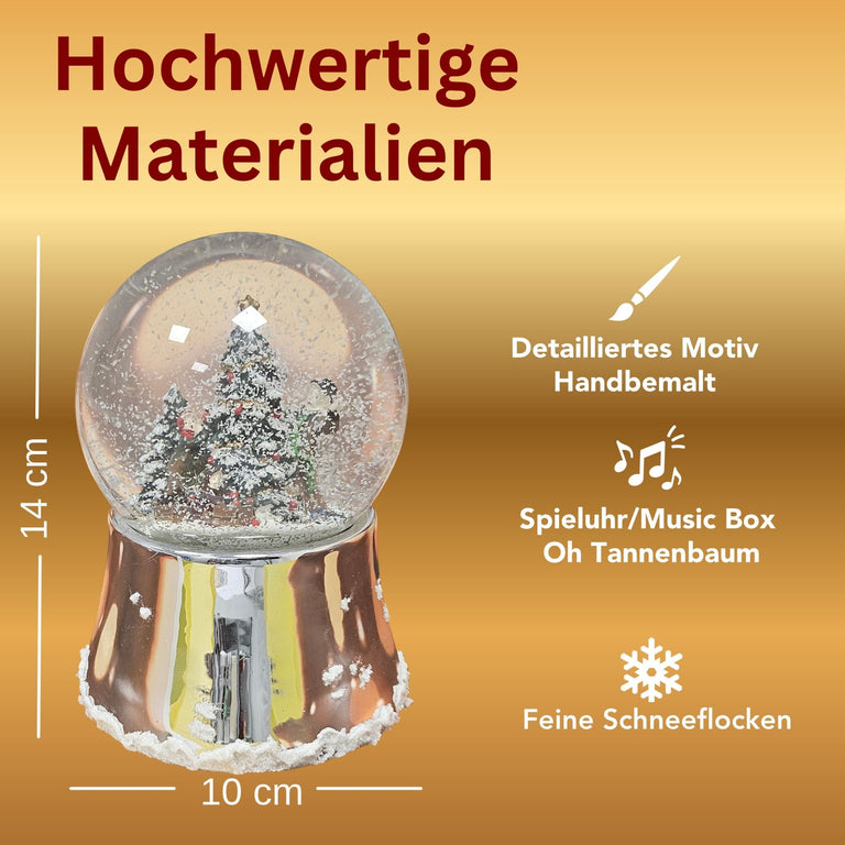 Nostalgische Schneekugel Christbaum schmücken auf silber glänzend mit Schneeflocken 100 mm Durchmesser mit Spieluhr - Schneekugelhaus