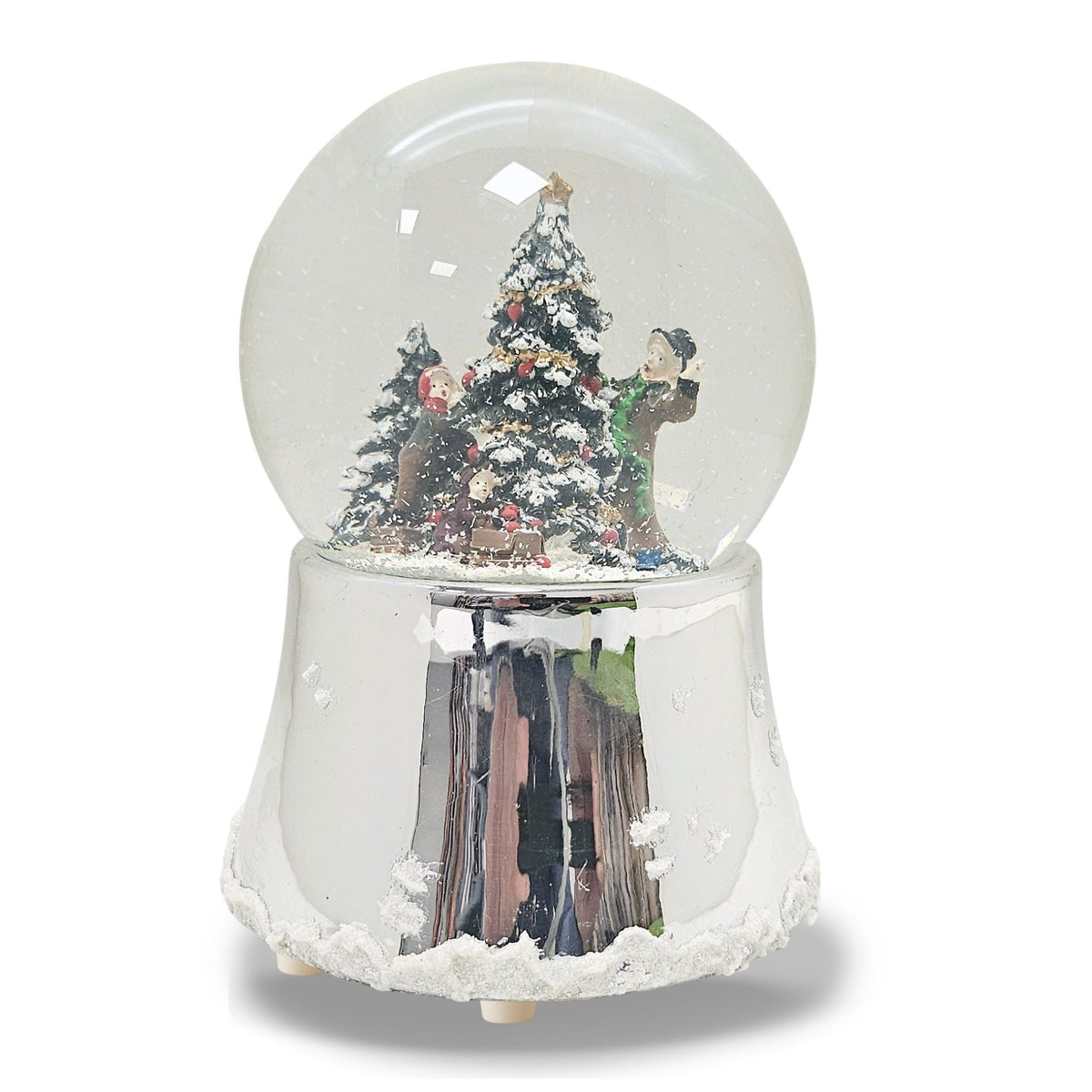 Nostalgische Schneekugel Christbaum schmücken auf silber glänzend mit Schneeflocken 100 mm Durchmesser mit Spieluhr - Schneekugelhaus