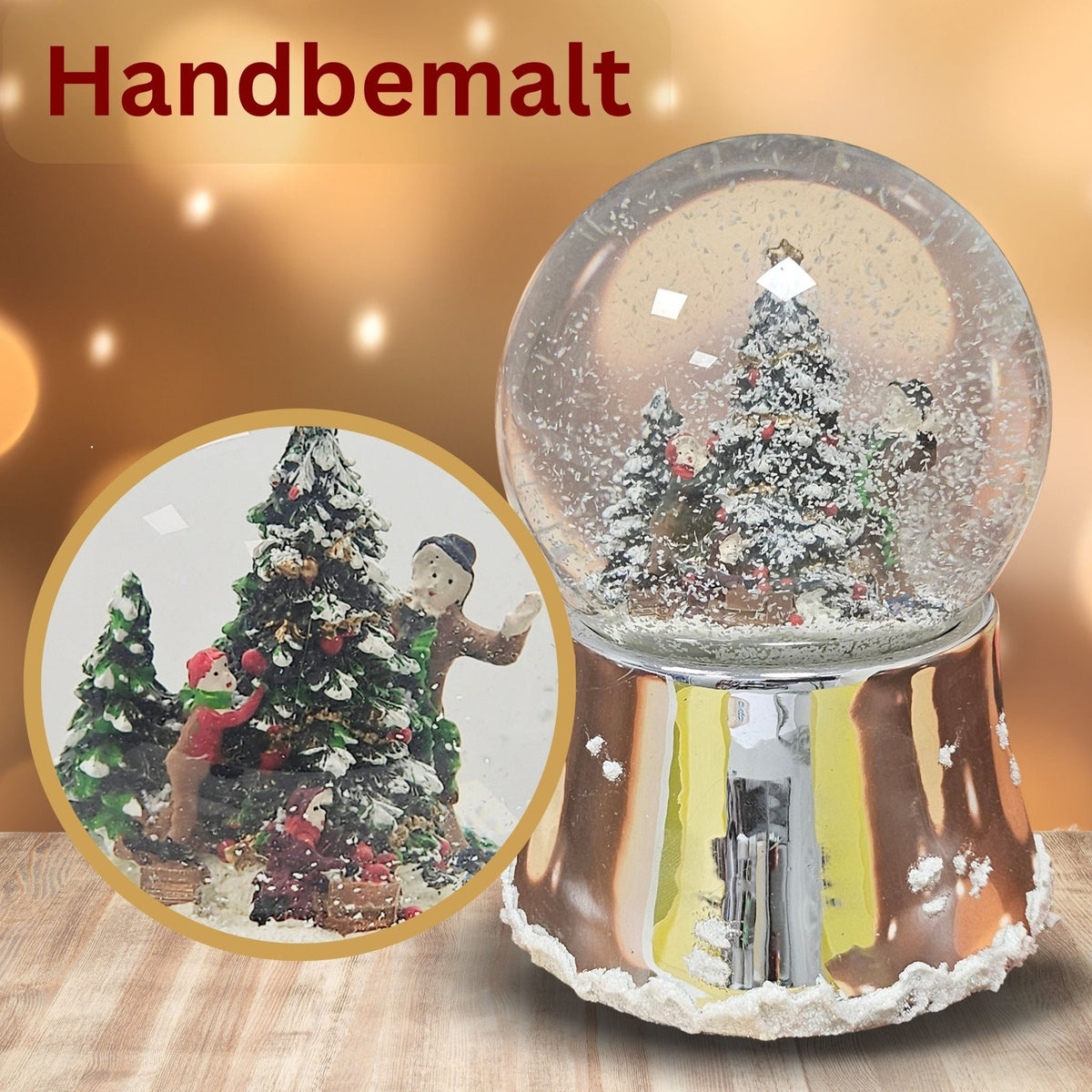 Nostalgische Schneekugel Christbaum schmücken auf silber glänzend mit Schneeflocken 100 mm Durchmesser mit Spieluhr - Schneekugelhaus