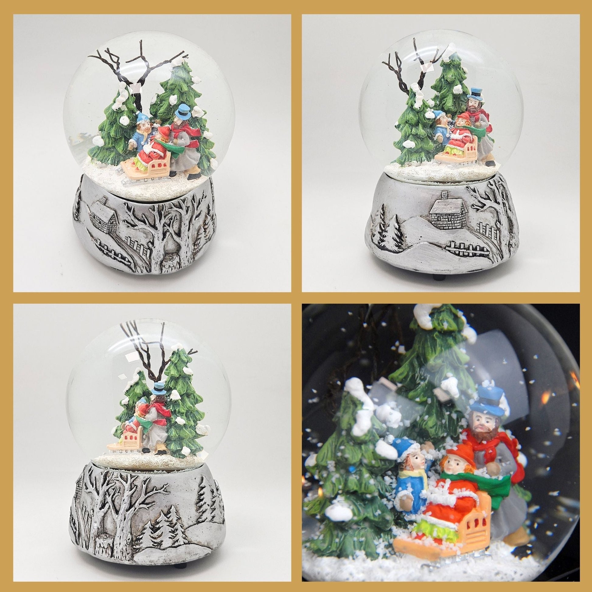 Nostalgische Schneekugel Familienspaziergang Silber Landschaft 100 mm Durchmesser mit Spieluhr - Schneekugelhaus