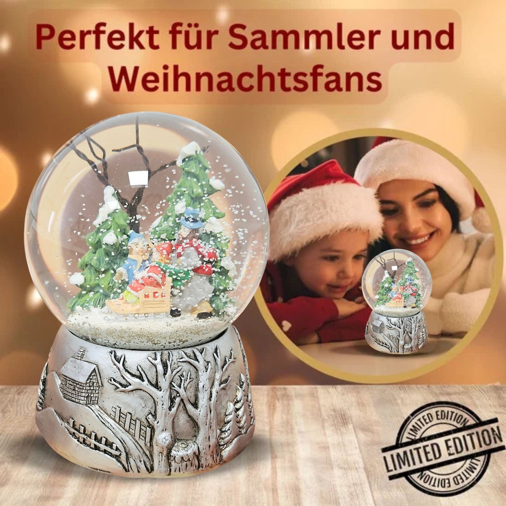 Nostalgische Schneekugel Familienspaziergang Silber Landschaft 100 mm Durchmesser mit Spieluhr - Schneekugelhaus
