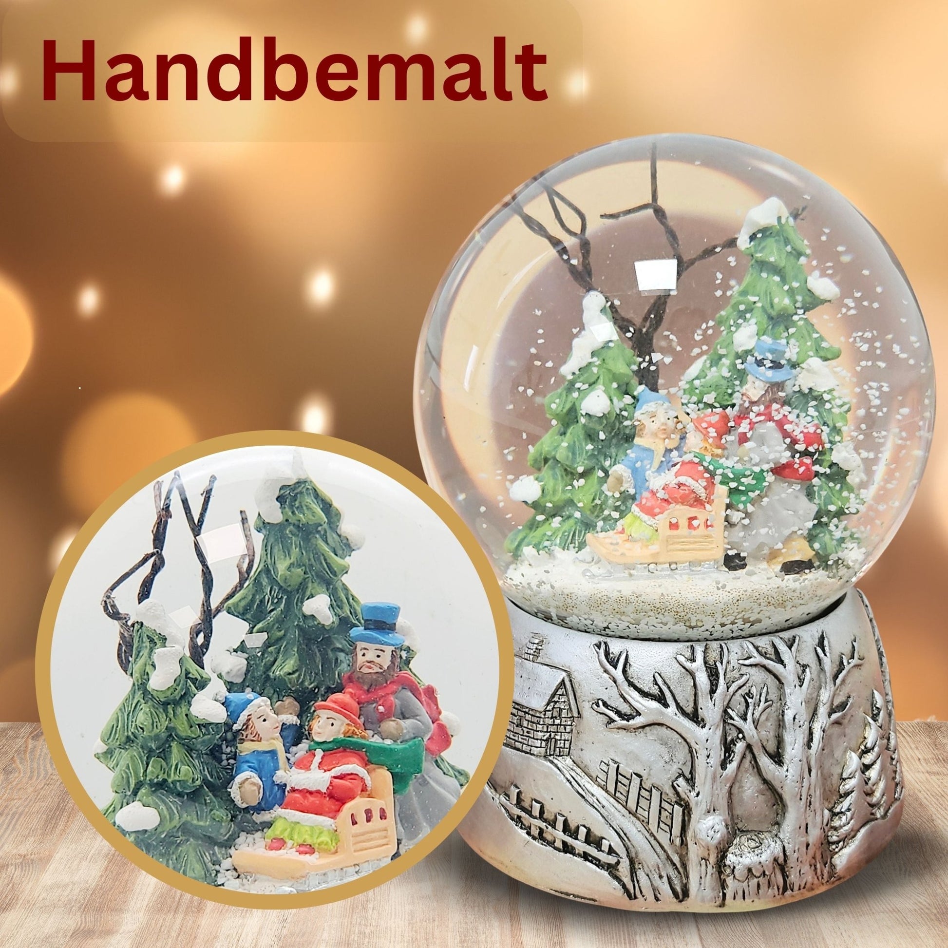 Nostalgische Schneekugel Familienspaziergang Silber Landschaft 100 mm Durchmesser mit Spieluhr - Schneekugelhaus