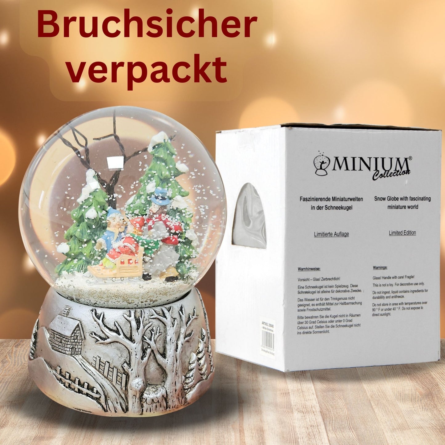 Nostalgische Schneekugel Familienspaziergang Silber Landschaft 100 mm Durchmesser mit Spieluhr - Schneekugelhaus