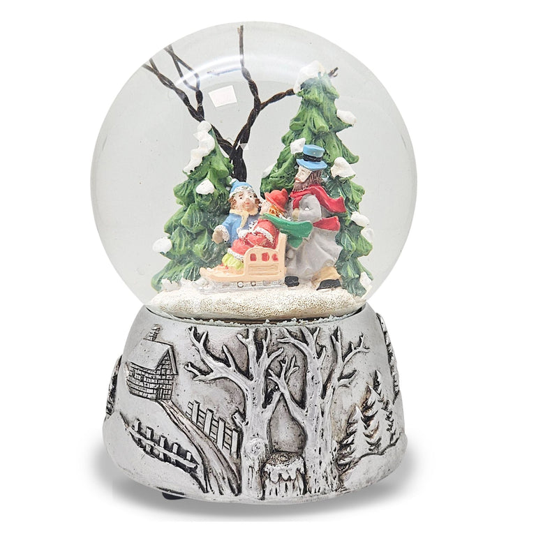 Nostalgische Schneekugel Familienspaziergang Silber Landschaft 100 mm Durchmesser mit Spieluhr - Schneekugelhaus