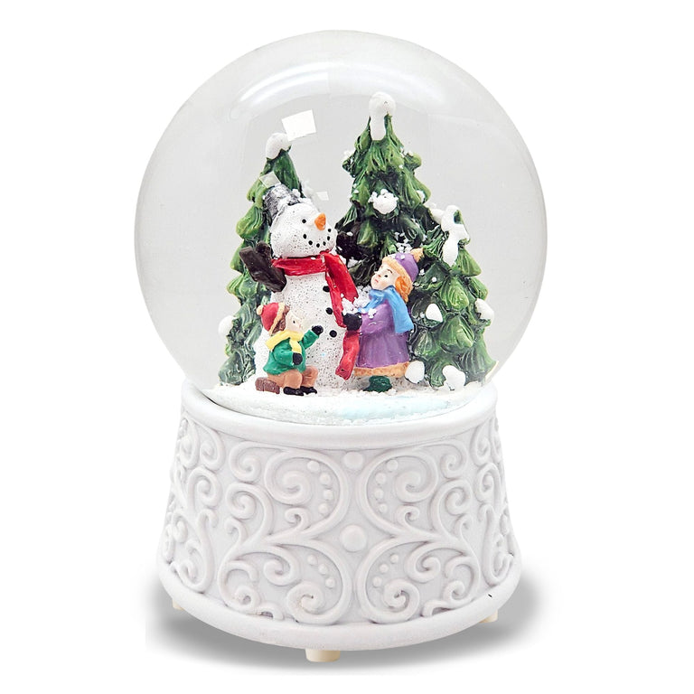 Nostalgische Schneekugel Kinder bauen Schneemann Ornamente 100 mm Durchmesser mit Spieluhr - Schneekugelhaus