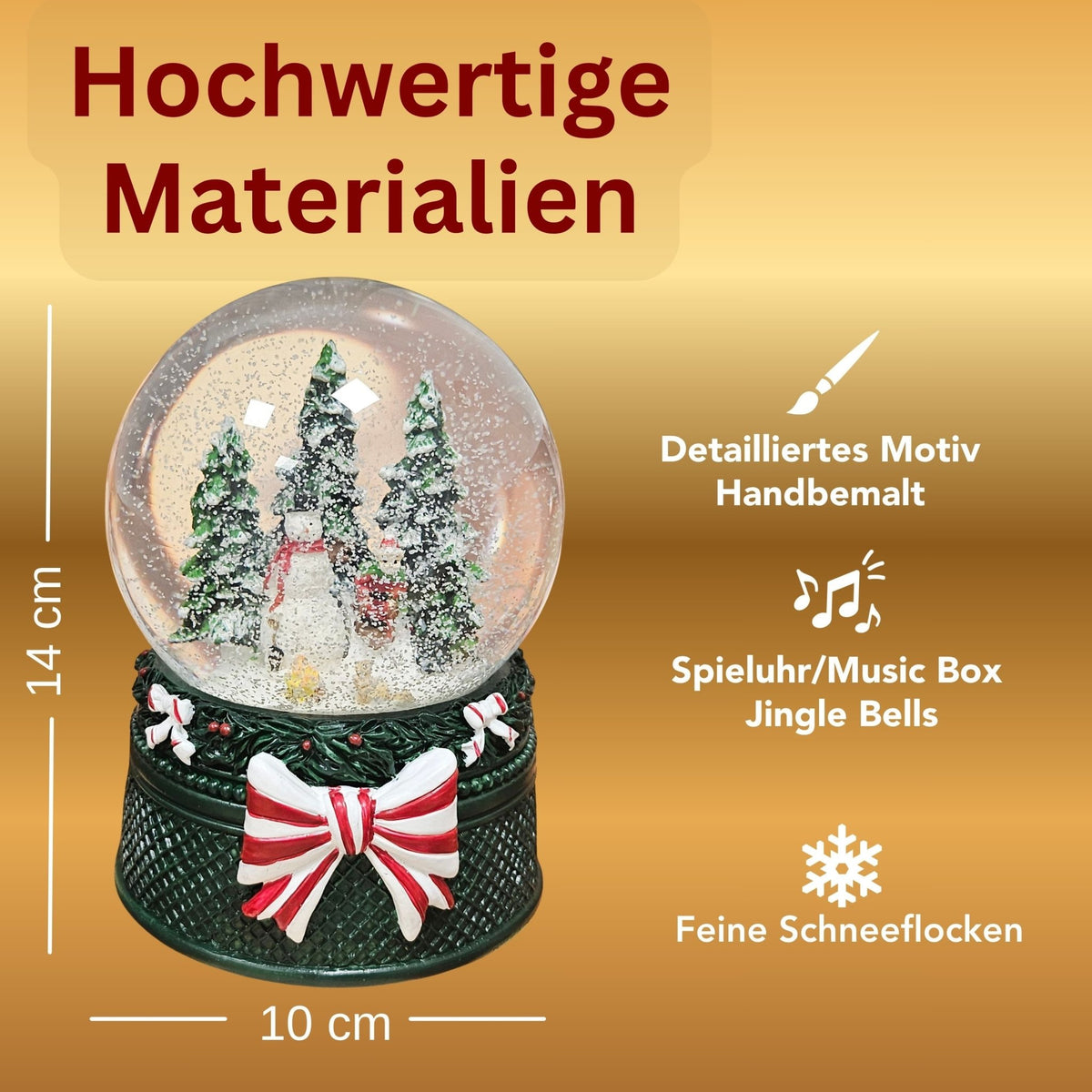 Nostalgische Schneekugel Schneemann steht auf Weihnachtsdekor grün 100 mm Durchmesser mit Spieluhr - Schneekugelhaus