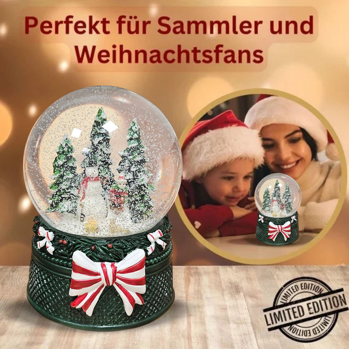 Nostalgische Schneekugel Schneemann steht auf Weihnachtsdekor grün 100 mm Durchmesser mit Spieluhr - Schneekugelhaus