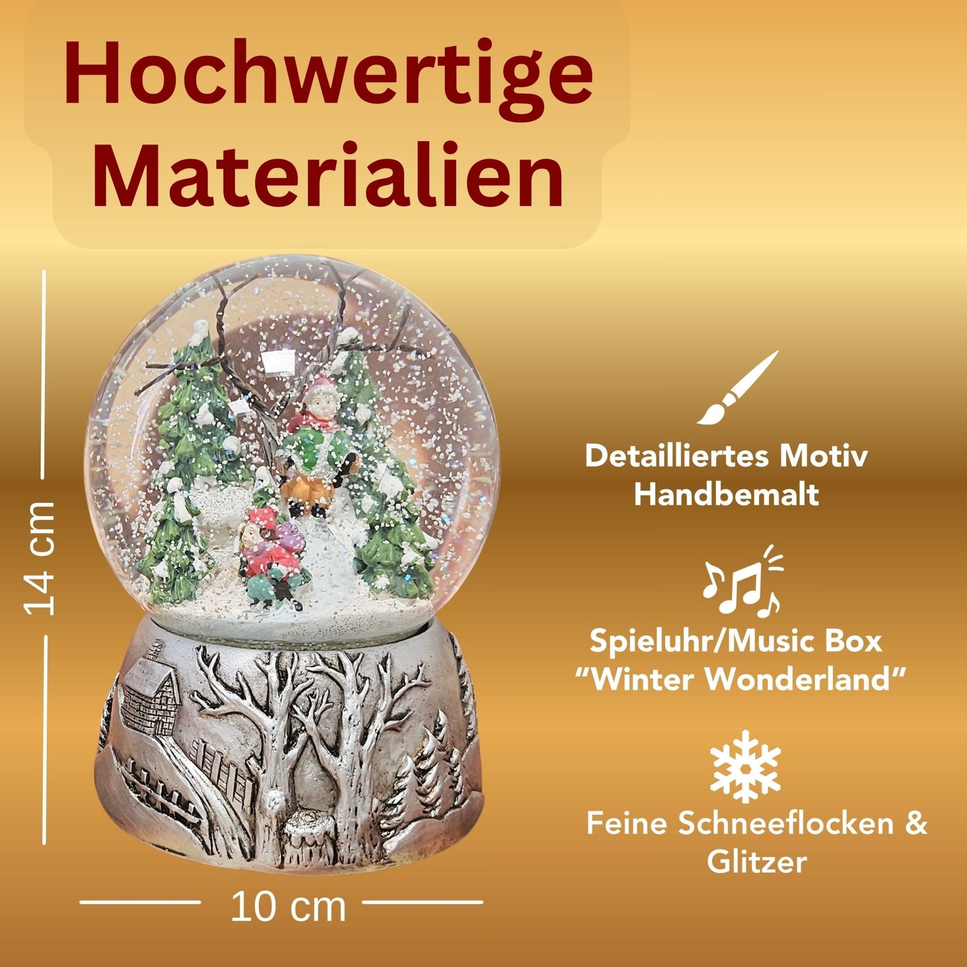 Nostalgische Schneekugel Skifahrer auf Silber Landschaft 100 mm Durchmesser mit Spieluhr - Schneekugelhaus