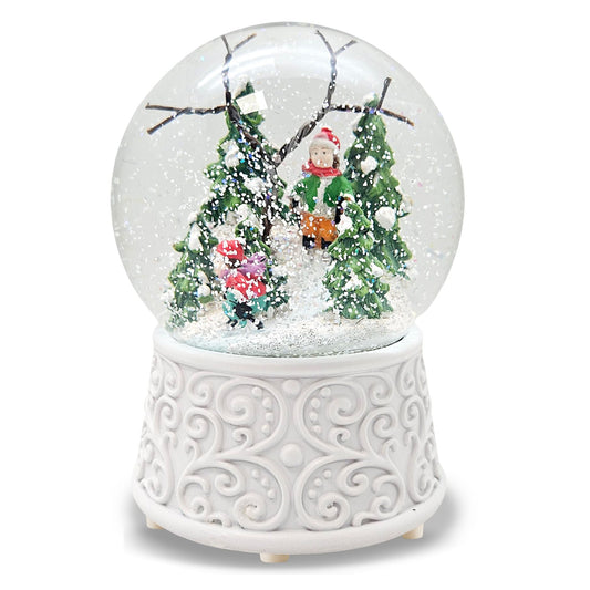Nostalgische Schneekugel Skifahrer Ornamente 100 mm Durchmesser mit Spieluhr - Schneekugelhaus