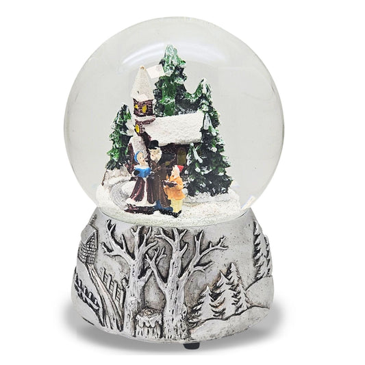 Nostalgische Schneekugel Weihnachtsspaziergang auf Silber Landschaft 100 mm Durchmesser mit Spieluhr - Schneekugelhaus