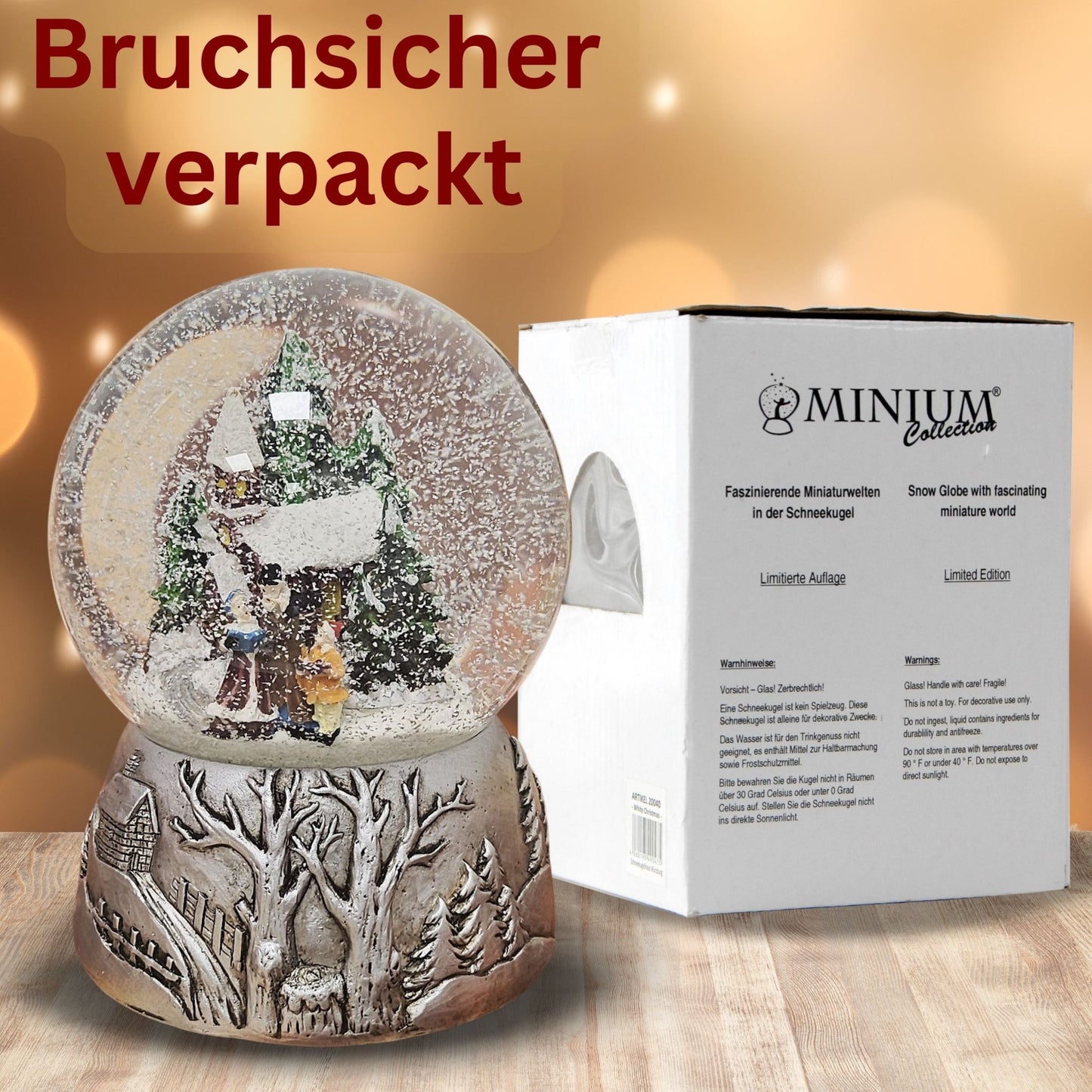 Nostalgische Schneekugel Weihnachtsspaziergang auf Silber Landschaft 100 mm Durchmesser mit Spieluhr - Schneekugelhaus