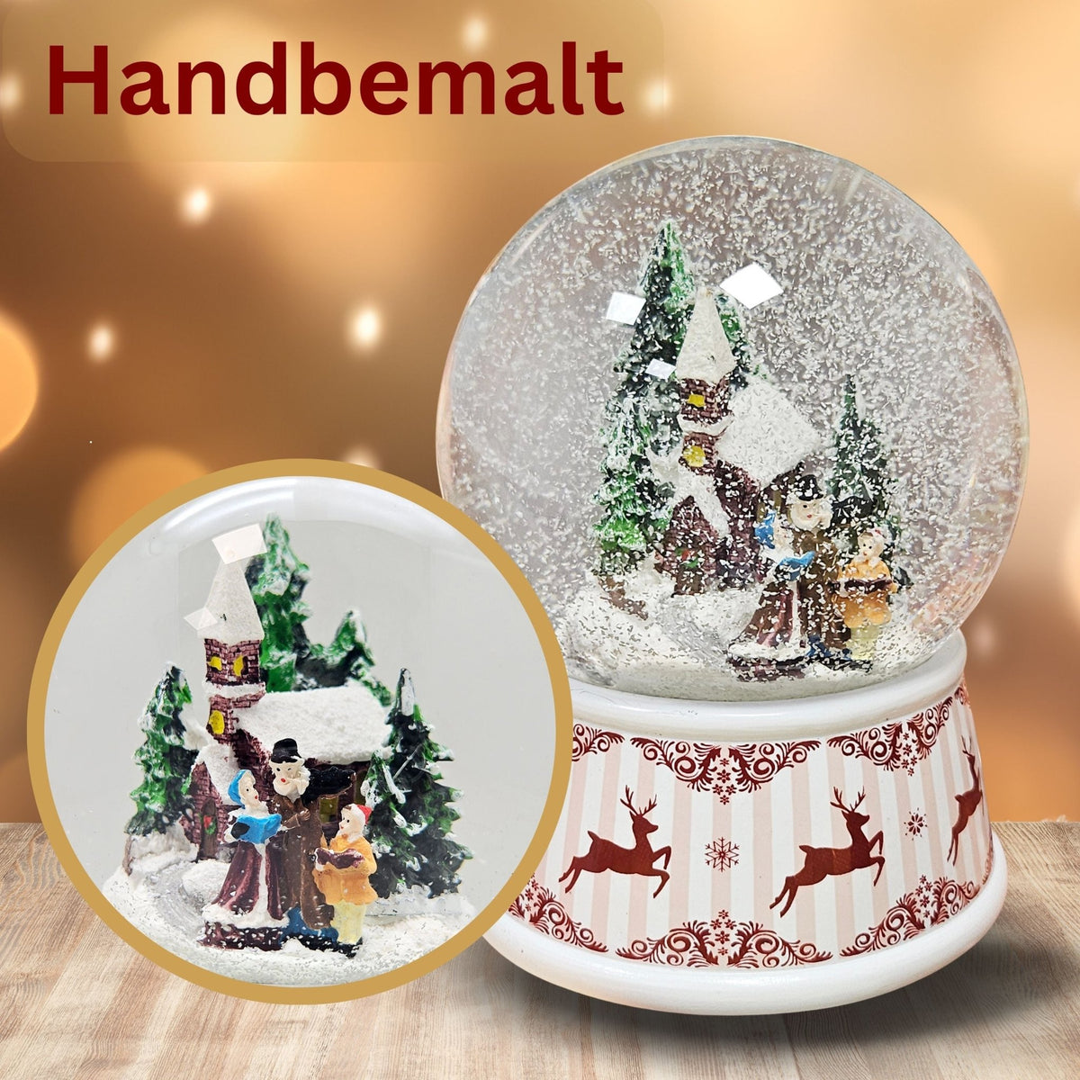 Nostalgische Schneekugel Weihnachtsspaziergang Hüttenzauber 100 mm Durchmesser mit Spieluhr - Schneekugelhaus