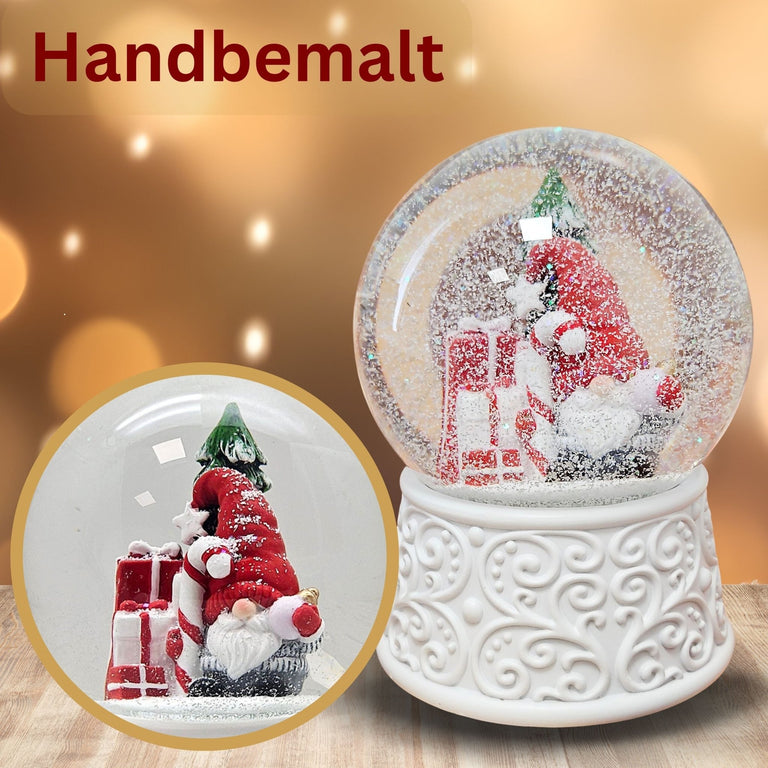 Nostalgische Schneekugel Wichtel rot auf Ornamente 100 mm Durchmesser mit Spieluhr - Schneekugelhaus
