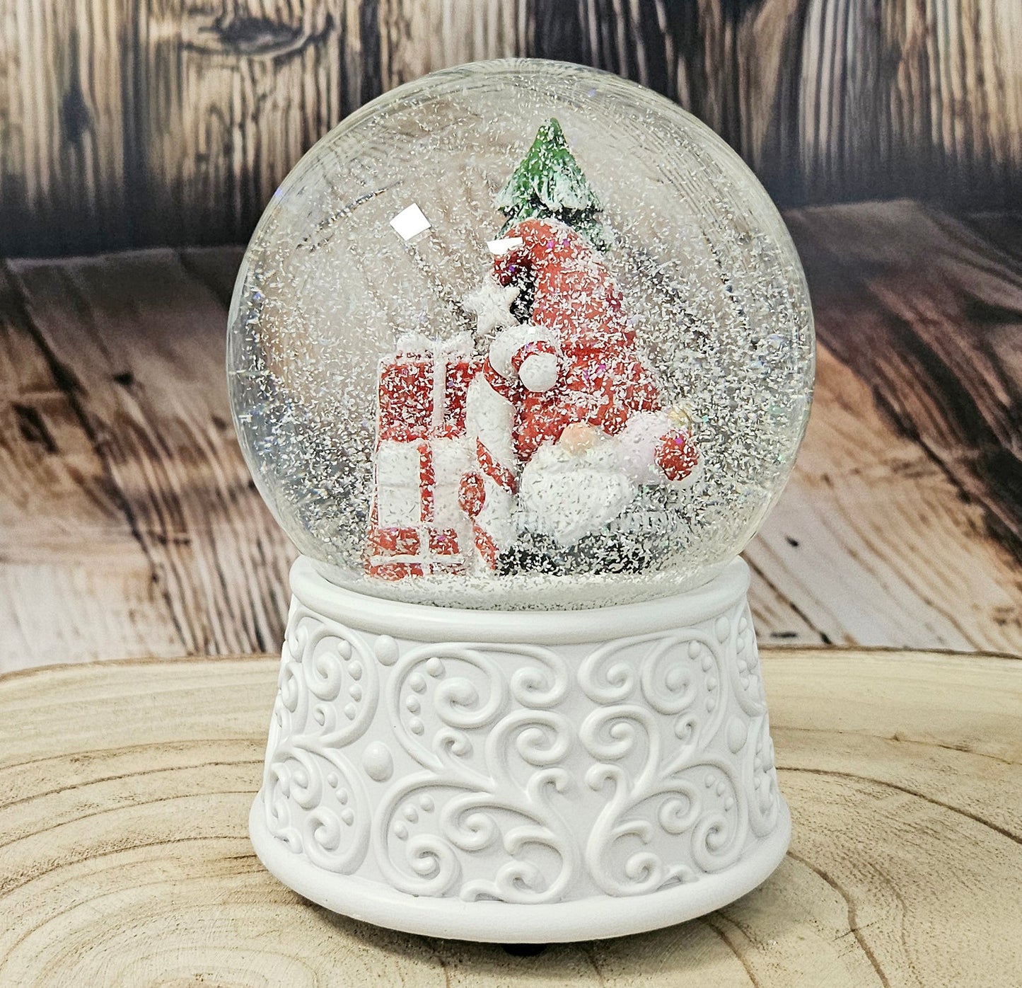 Nostalgische Schneekugel Wichtel rot auf Ornamente 100 mm Durchmesser mit Spieluhr - Schneekugelhaus