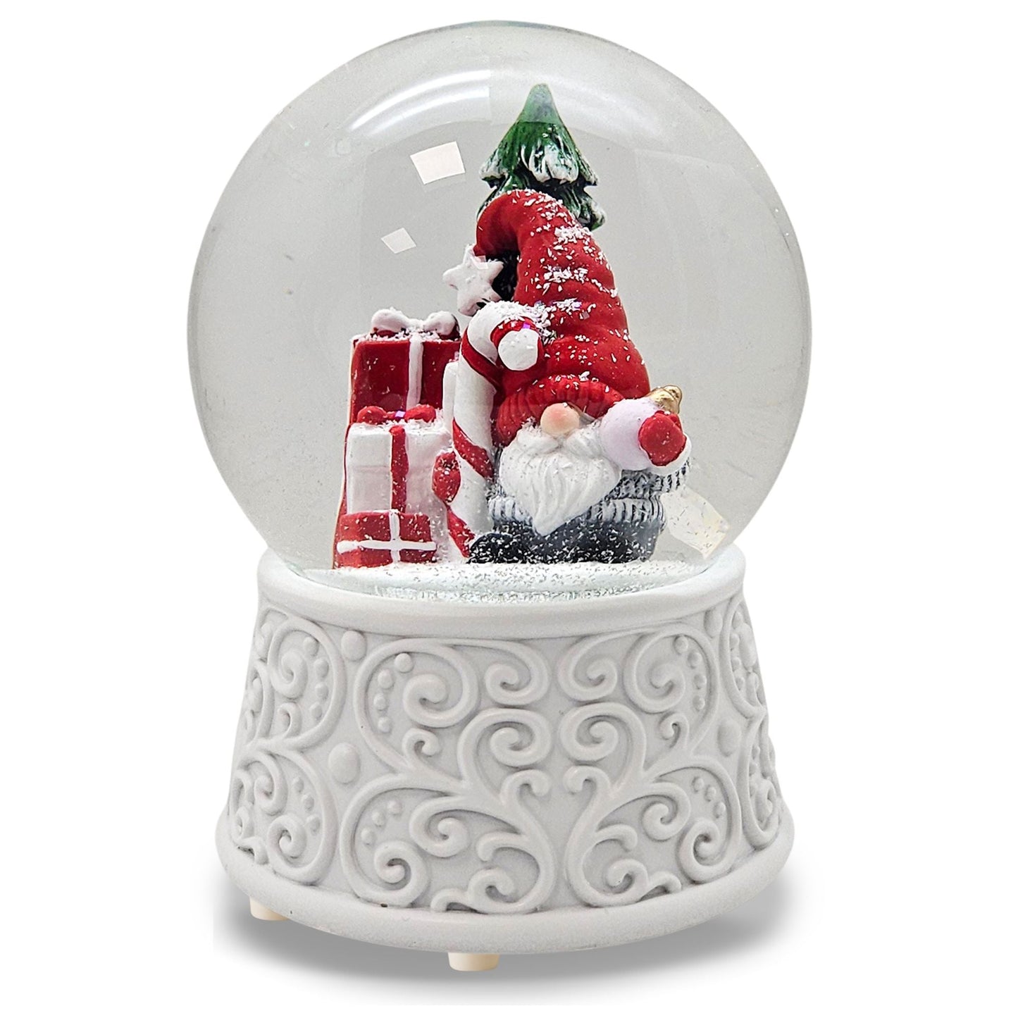 Nostalgische Schneekugel Wichtel rot auf Ornamente 100 mm Durchmesser mit Spieluhr - Schneekugelhaus