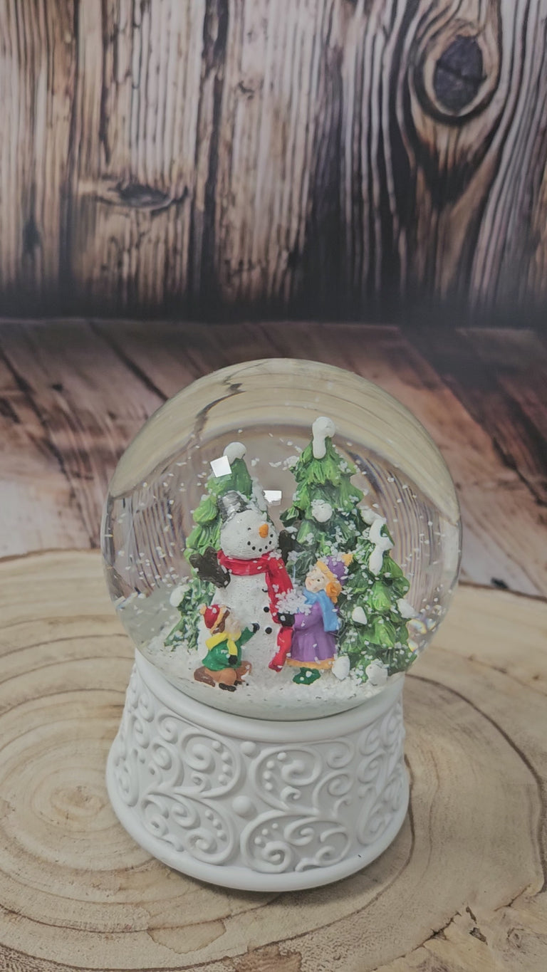 Nostalgische Schneekugel Kinder bauen Schneemann Ornamente 100 mm Durchmesser mit Spieluhr