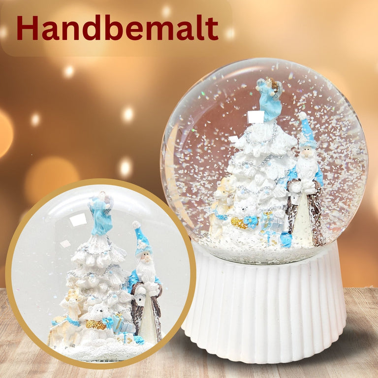 Schneekugel Weihnachtsmann mit Spieluhr, blau silber auf weiß geriffelt - 120 mm Durchmesser - Schneekugelhaus