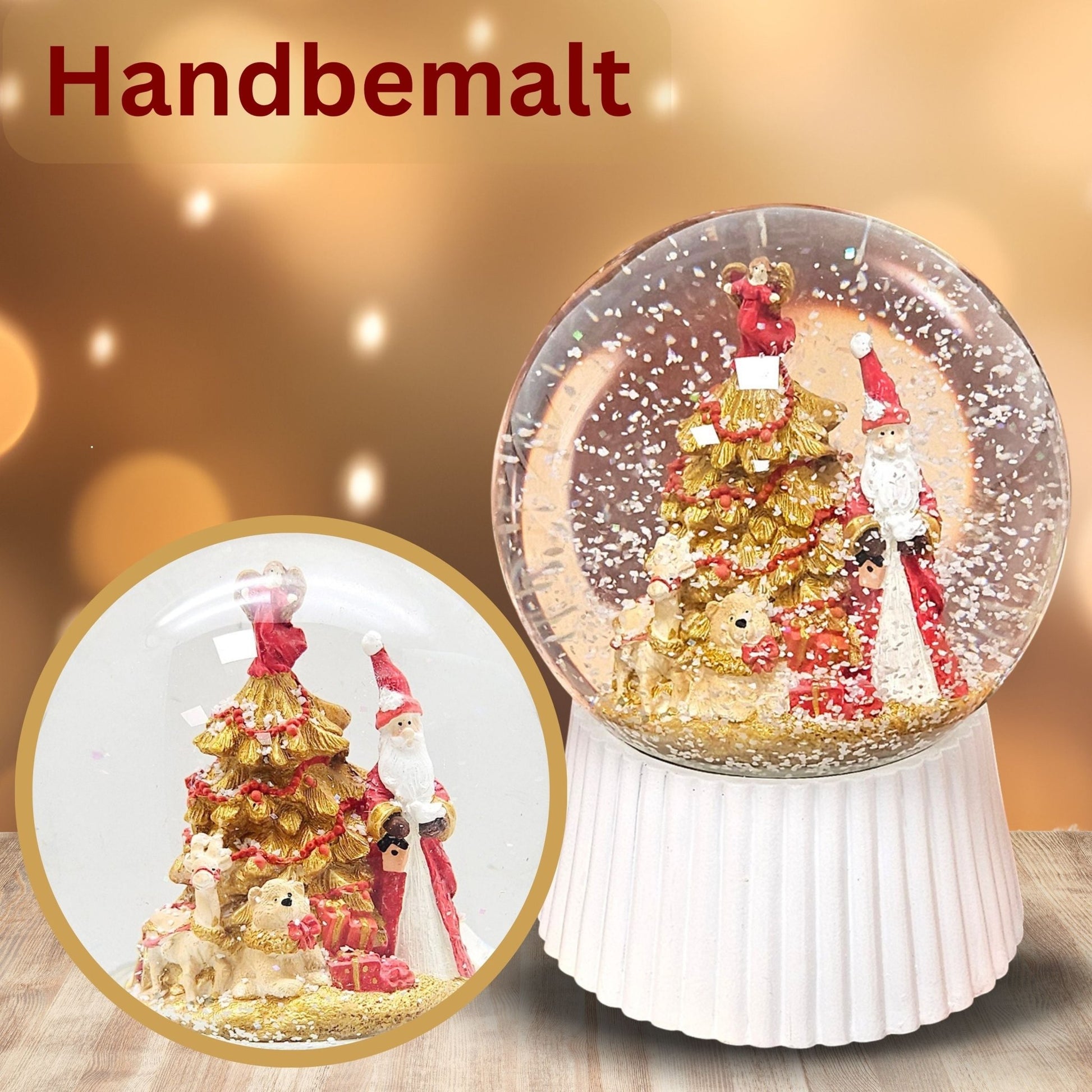 Schneekugel Weihnachtsmann mit Spieluhr, rot, gold weiß auf weiß geriffelt - 120 mm Durchmesser - Schneekugelhaus