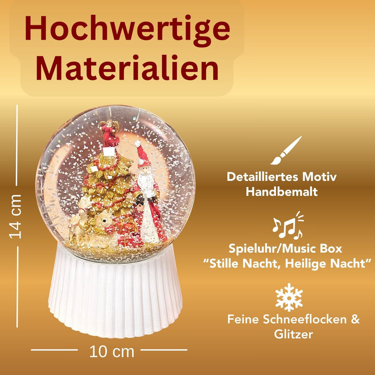 Schneekugel Weihnachtsmann mit Spieluhr, rot, gold weiß auf weiß geriffelt - 120 mm Durchmesser - Schneekugelhaus