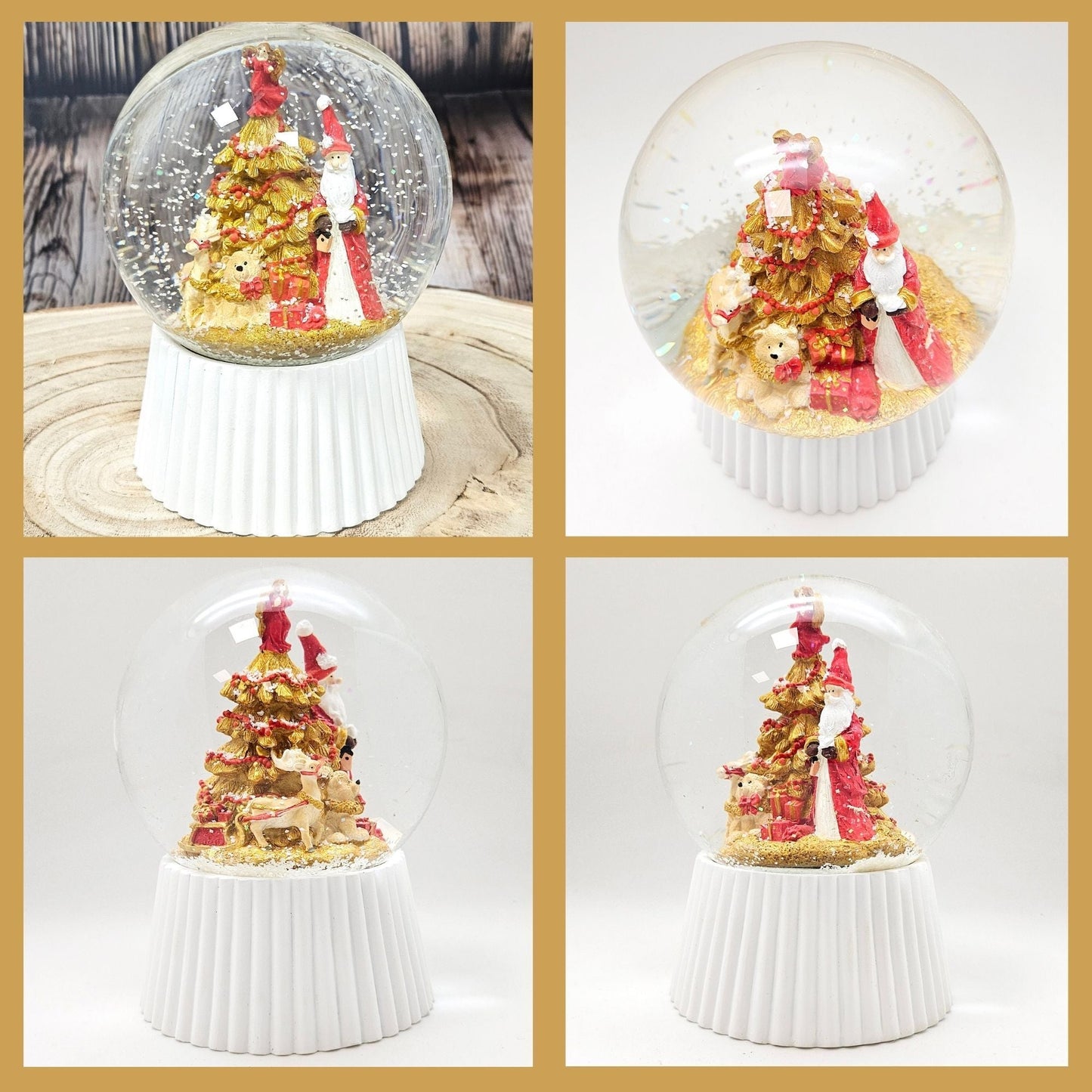 Schneekugel Weihnachtsmann mit Spieluhr, rot, gold weiß auf weiß geriffelt - 120 mm Durchmesser - Schneekugelhaus