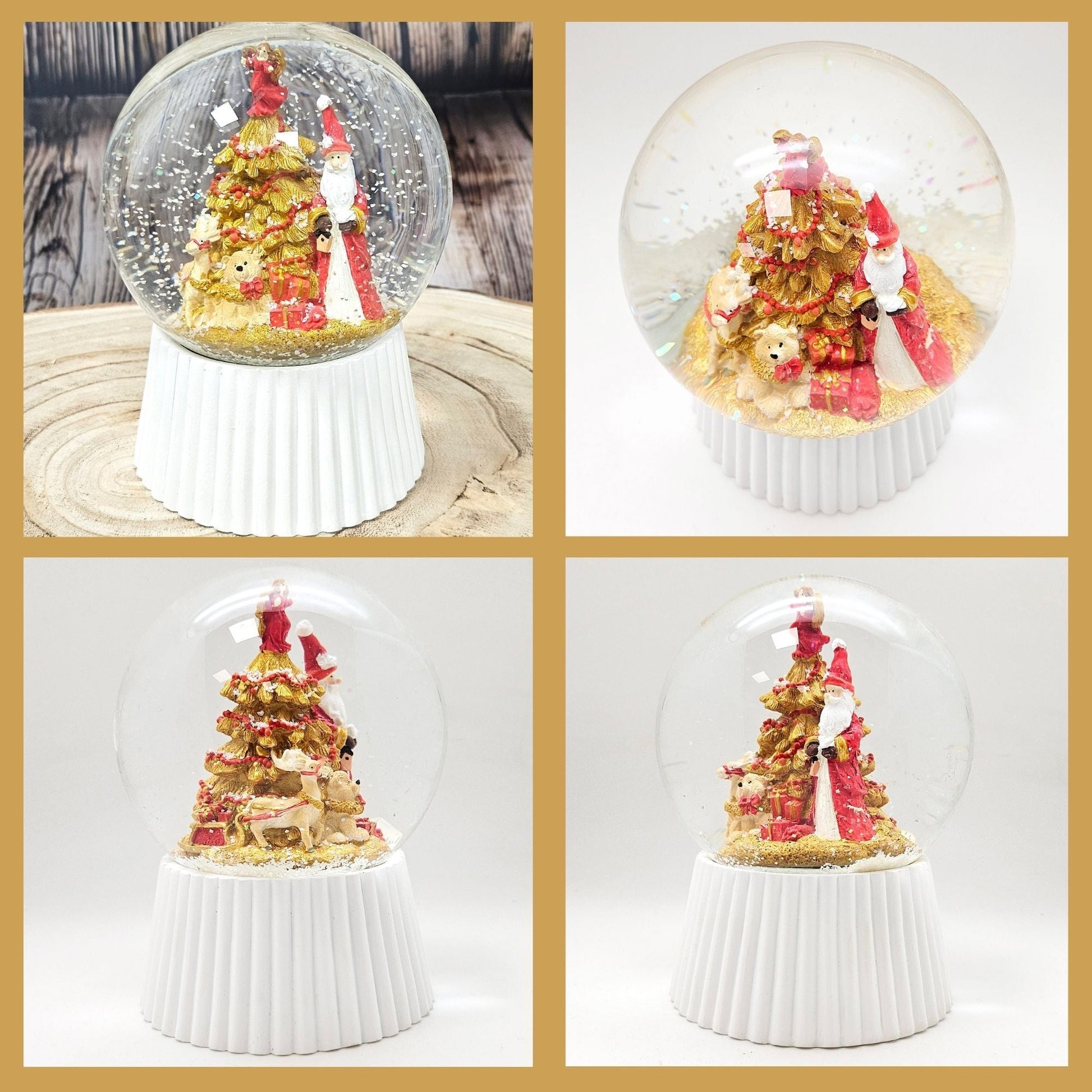 Schneekugel Weihnachtsmann mit Spieluhr, rot, gold weiß auf weiß geriffelt - 120 mm Durchmesser - Schneekugelhaus