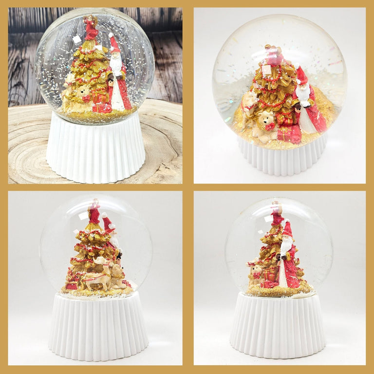 Schneekugel Weihnachtsmann mit Spieluhr, rot, gold weiß auf weiß geriffelt - 120 mm Durchmesser - Schneekugelhaus