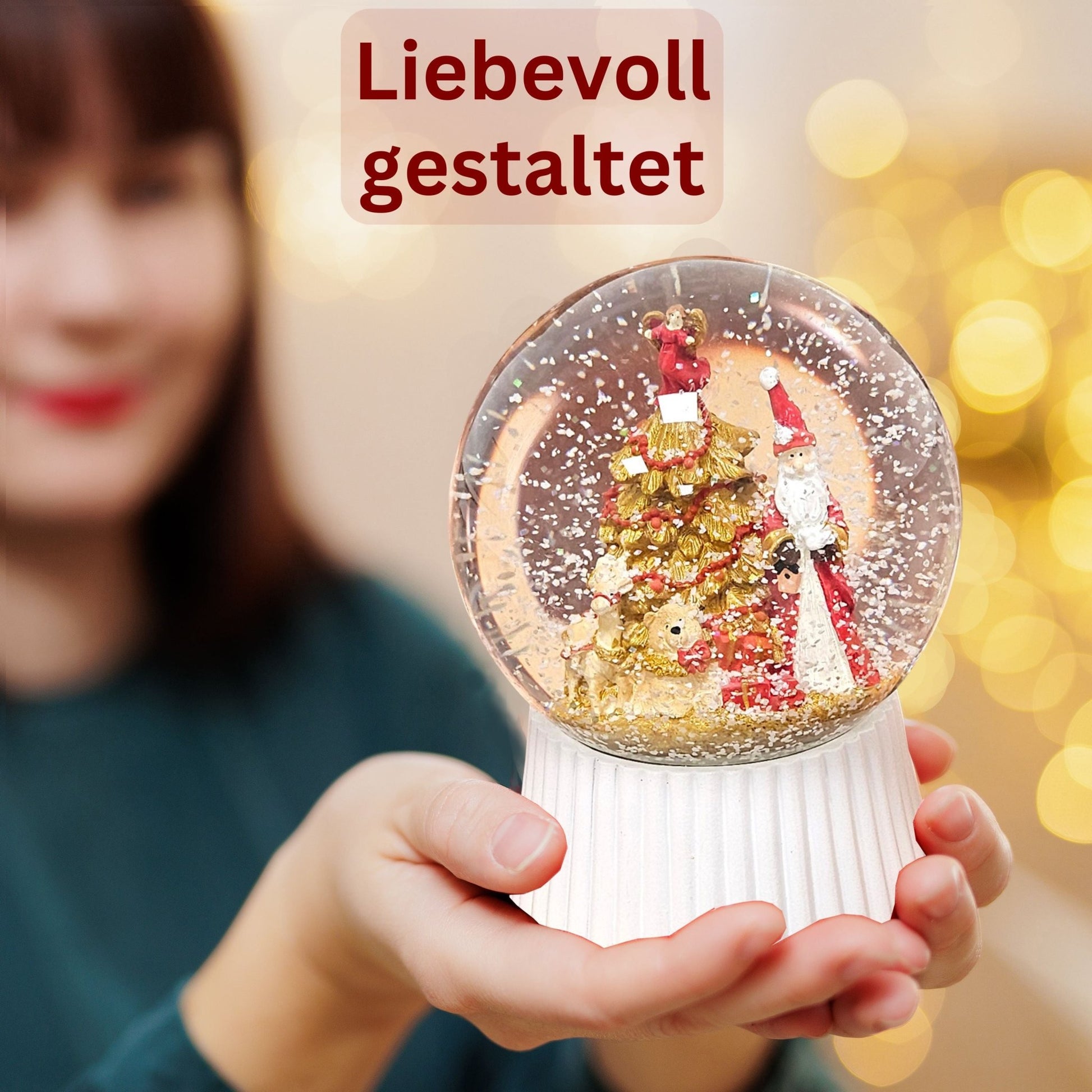 Schneekugel Weihnachtsmann mit Spieluhr, rot, gold weiß auf weiß geriffelt - 120 mm Durchmesser - Schneekugelhaus