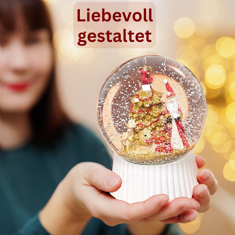 Schneekugel Weihnachtsmann mit Spieluhr, rot, gold weiß auf weiß geriffelt - 120 mm Durchmesser - Schneekugelhaus