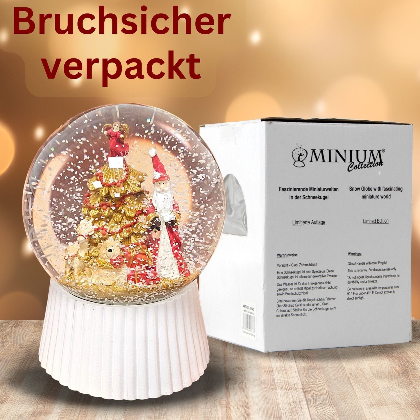 Schneekugel Weihnachtsmann mit Spieluhr, rot, gold weiß auf weiß geriffelt - 120 mm Durchmesser - Schneekugelhaus