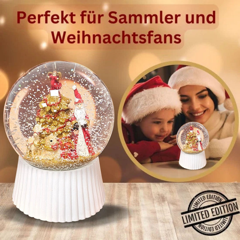 Schneekugel Weihnachtsmann mit Spieluhr, rot, gold weiß auf weiß geriffelt - 120 mm Durchmesser - Schneekugelhaus