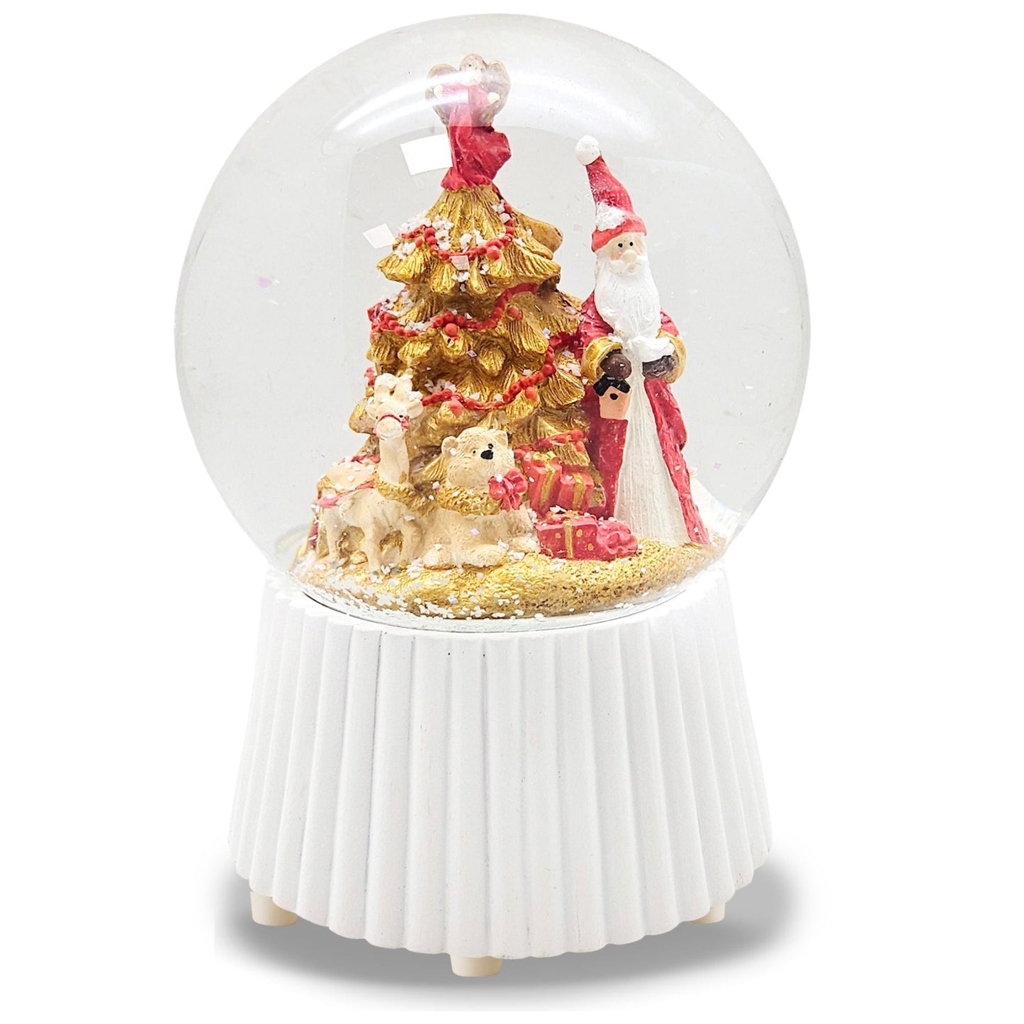 Schneekugel Weihnachtsmann mit Spieluhr, rot, gold weiß auf weiß geriffelt - 120 mm Durchmesser - Schneekugelhaus