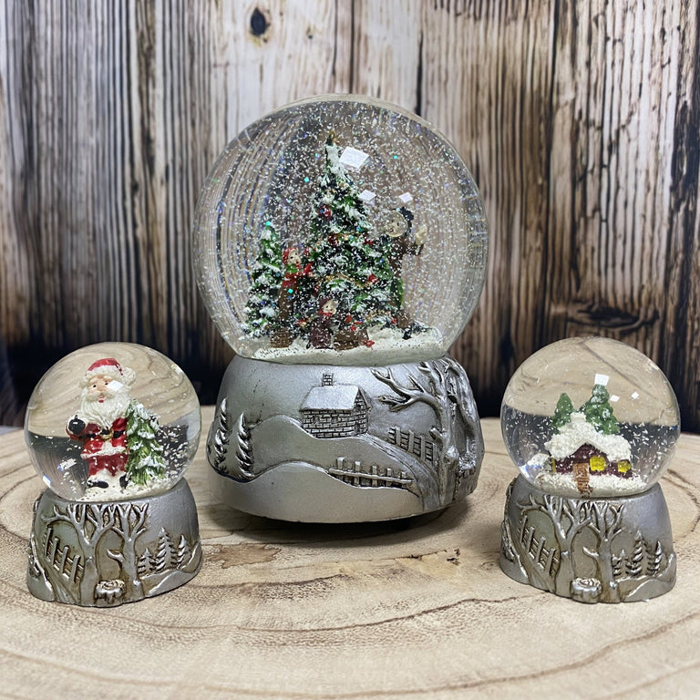Silber-Dekopaket - 3 Nostalgie Schneekugeln in zwei Größen - Schneekugelhaus