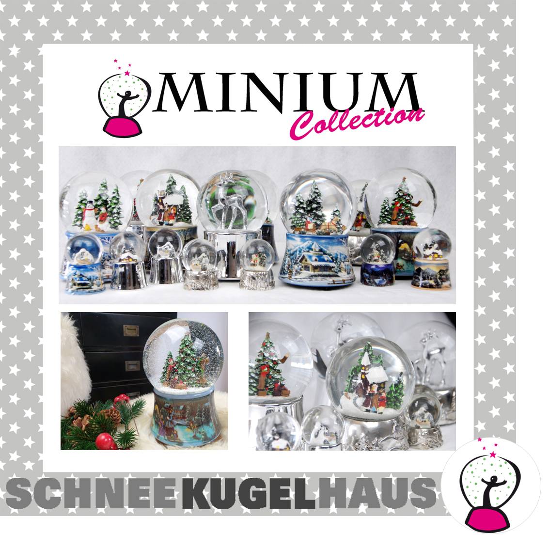 Edle Schneekugel Christbaum schmücken auf weißem Porzellansockel 100 mm Durchmesser mit Spieluhr - Schneekugelhaus